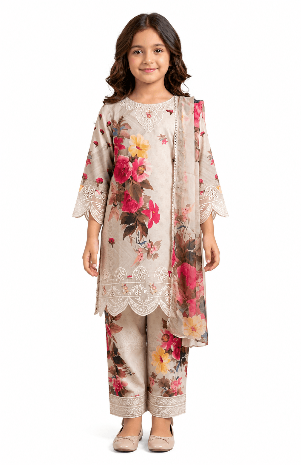 Girls Premium Floral Printed Lawn Suit with Embroidered Lace & Chiffon Dupatta – 3 Piece