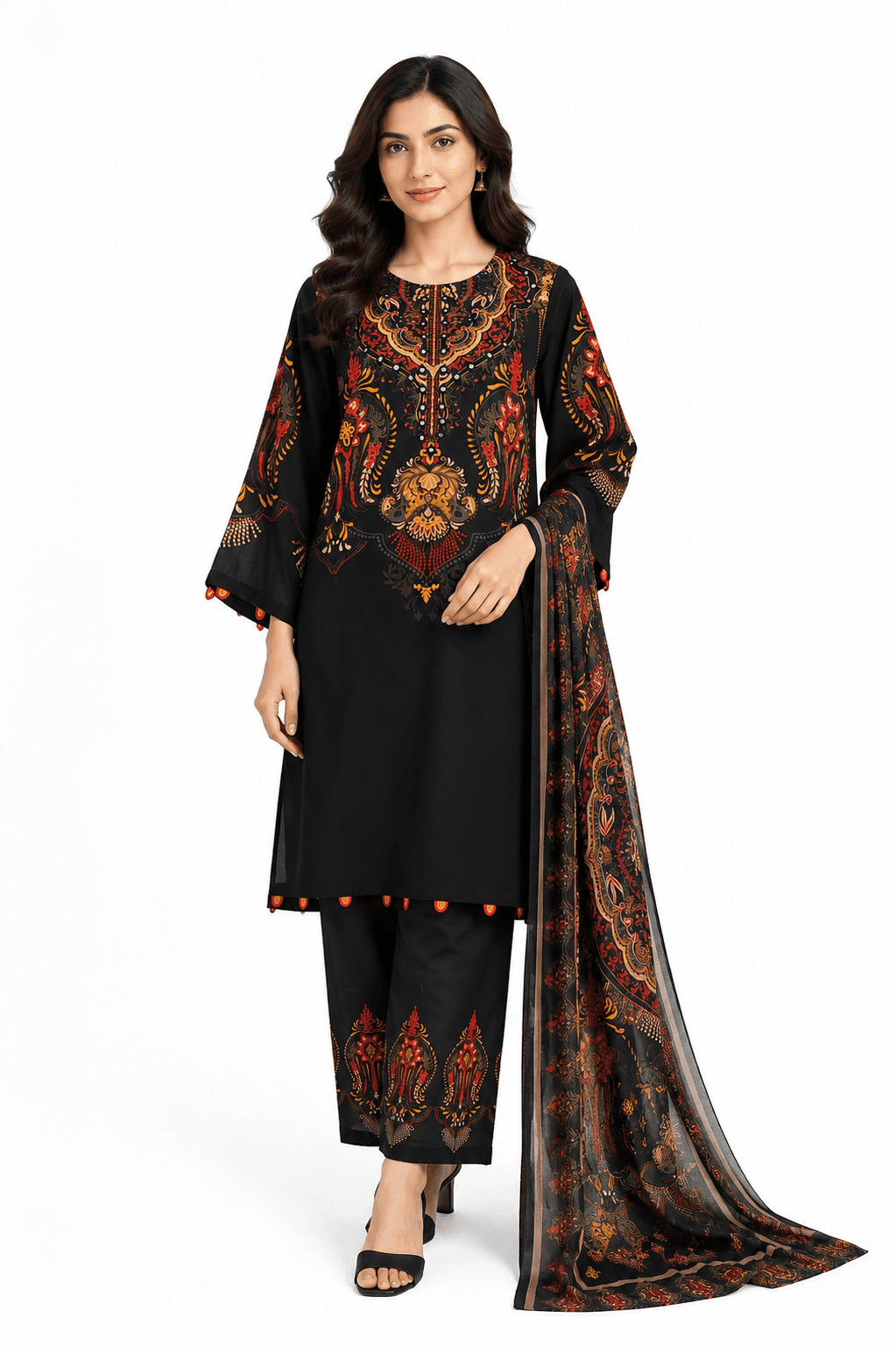 Women's Premium Black Digital Printed Cotton 3 Piece Suit with Printed Dupatta