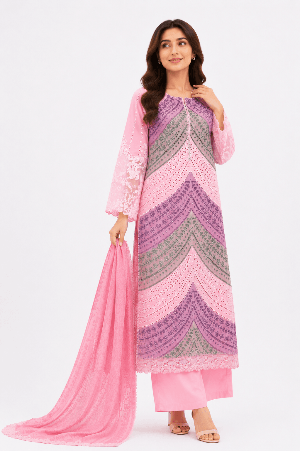 Blush Pink Embroidered Swiss Cotton 3-Piece Stitched Suit for Women